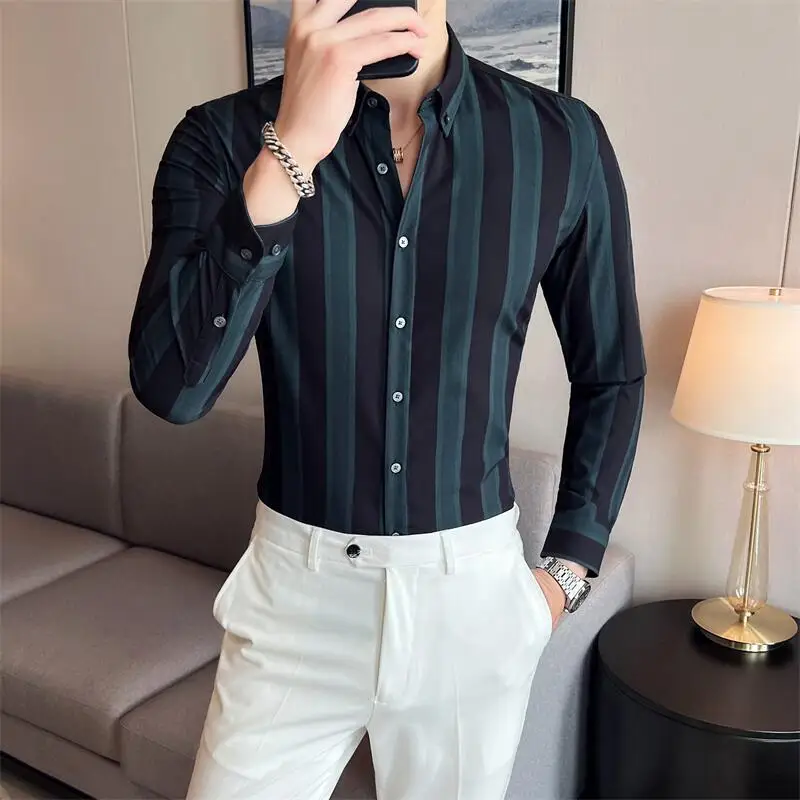 

2023 Autumn Striped Shirts Men Fashion Casual Long Sleeved Shirts Slim Fit Business Formal Dress Shirts Brand Men's Clothing
