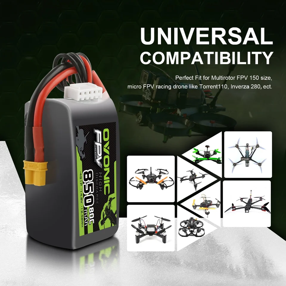 OVONIC Lipoバッテリー 850mAh 80C 4S 14.8V XT30プラグ 3-5インチ