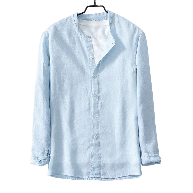 Short-Sleeved Shirt with Mandarin Collar in Cotton/Linen for Boys - light  blue, Boys