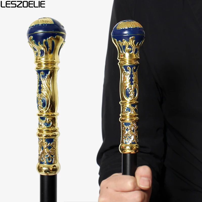 Canne de marche élégante de luxe bleue et dorée de 92 cm avec poignée ronde détachable, style vintage, pour homme et femme