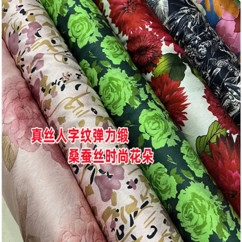 

21 M Mulberry Silk Fabric Herringbone Print Elastic Cheongsam Dress Shirt Clothing