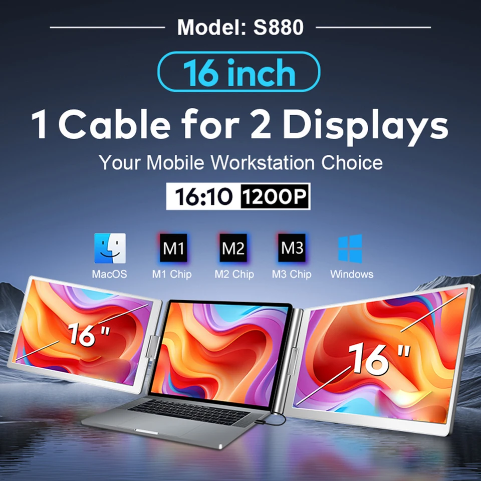 NGTeco Extender Schermo Laptop 16 Pollici FHD 1200P IPS - Monitor Portatile Triplo Per PC 13-17 Con Type-C/HDMI/USB-A, Plug & Play Per Windows/Mac/Chrome