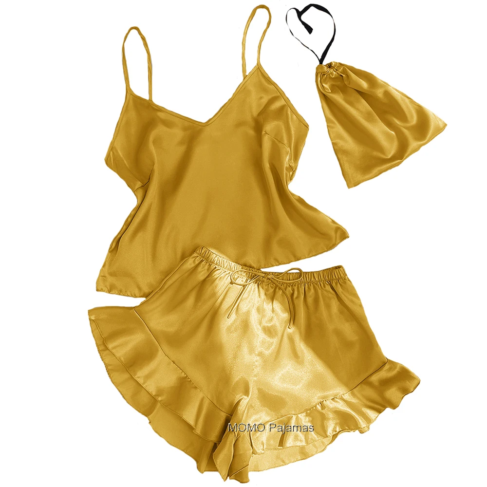 Silk Pajamas Set Women Satin Spaghetti Strap Sleepwear Camisole Lingerie Cami Top And Ruffled Shorts 2 Piece Pjs Nightwear S-XL