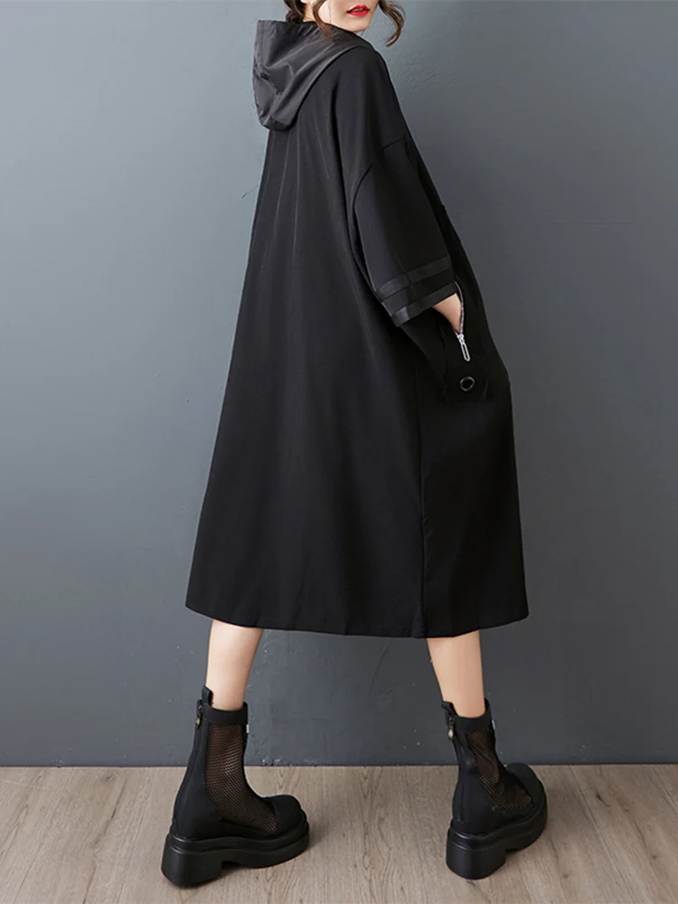 Oversized Hooded Trench Coat For Women Zipper Patchwork Pocket Casual Loose Black Vintage Outerwear Cardigan Spring Autumn 2025