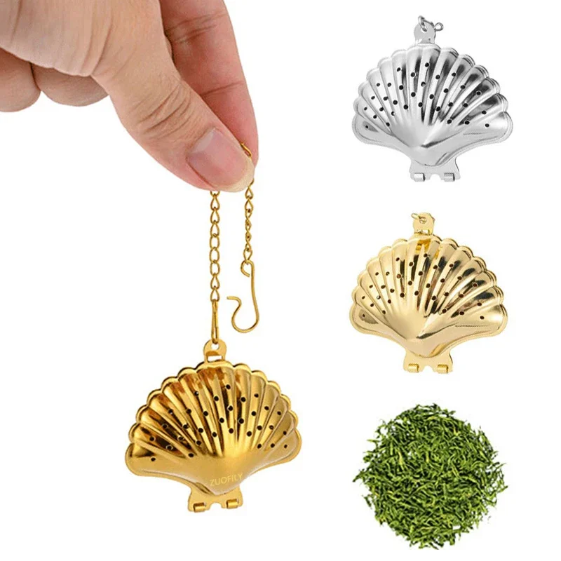 Tea Infuser Tea Strainer Tea Filter 1Pc Shell Shape Metal Tea Strainer Loose Tea Infuser Stainless Steel Leaf Maker Strainer Chain Drip Tray Herbal Spice Filter