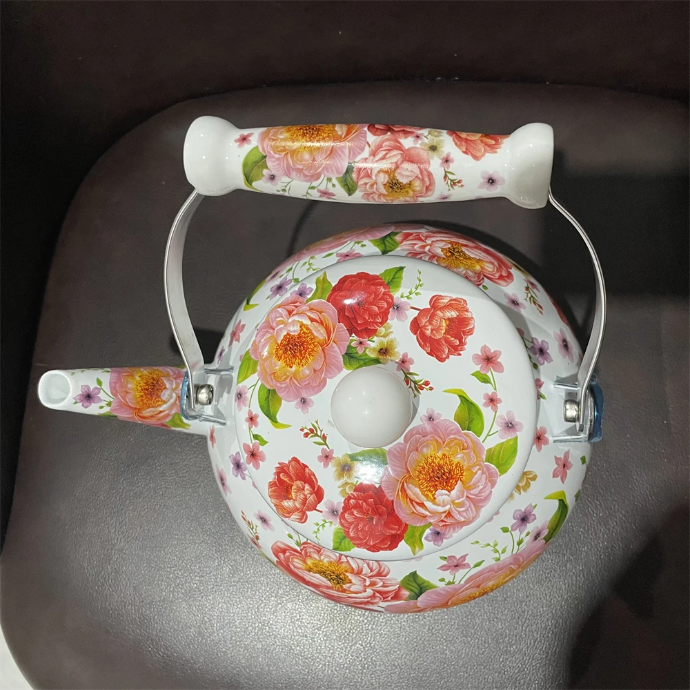 Vintage Style Enamelling Botanical Flower Teapot, Kitchen Water Pot, Thickened Camping Kettle, 2.5 L