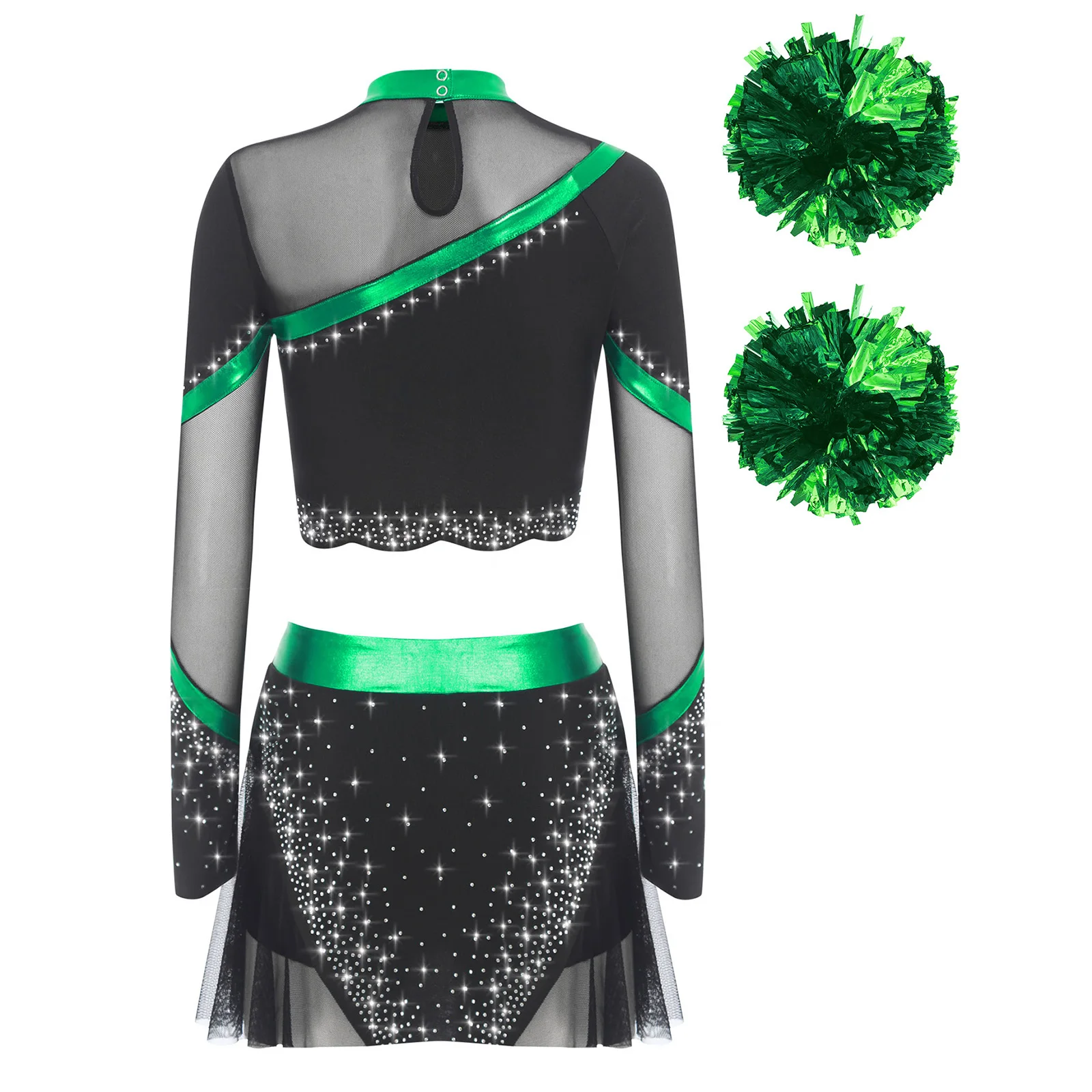4-teiliges Cheerleading-Tanz-Outfit für Damen, Cheerleader-Kostüm, langärmliges Pailletten-Crop-Top mit Tanzrock und Handblumen-Set – Detail 22