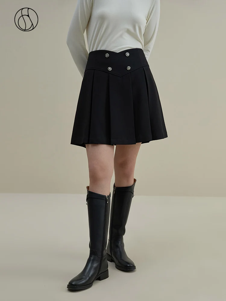 

DUSHU College Style Classic Double-breasted Pleated Skirt for Women Winter Elastic Double-layer Plain High-waisted Skirt Female