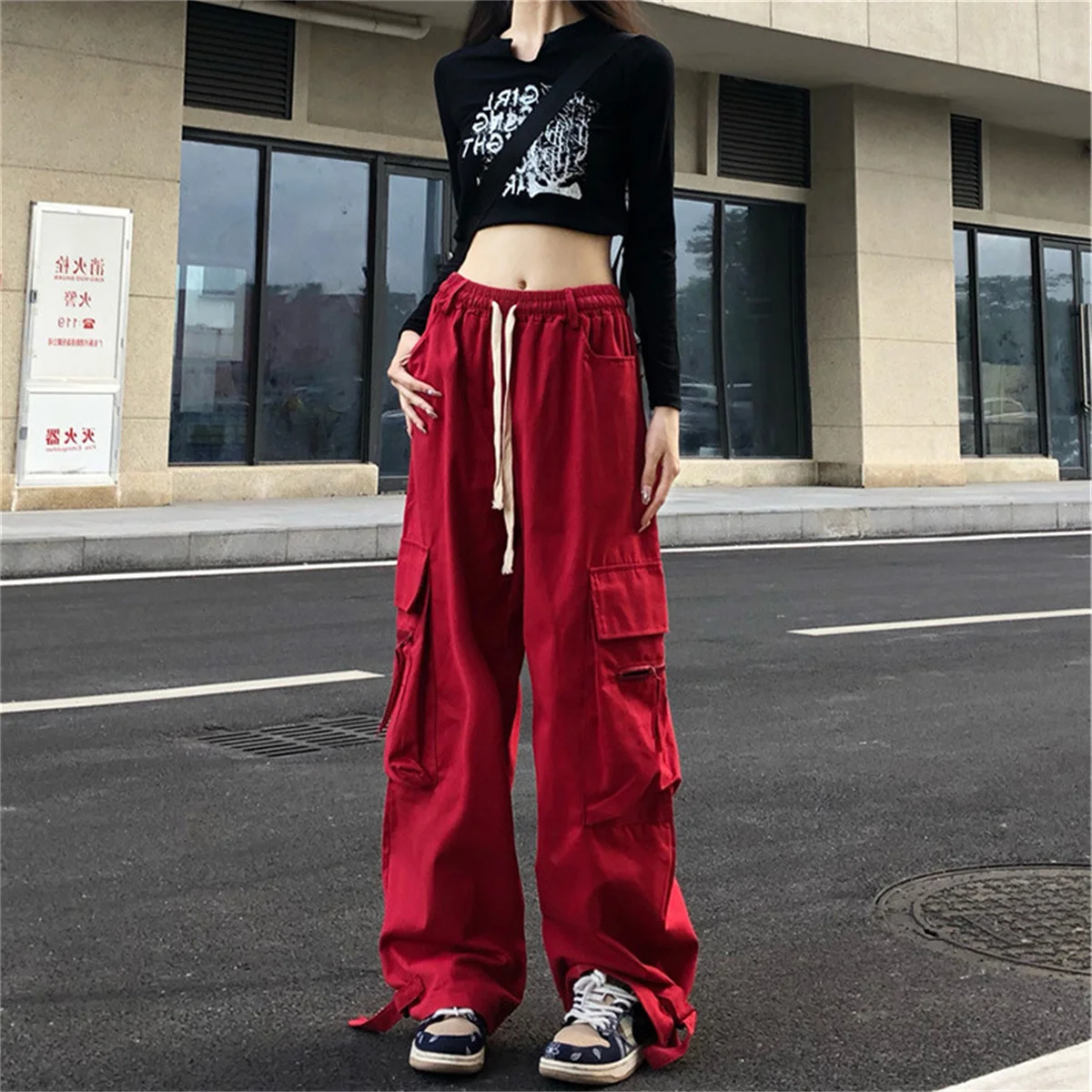 855503-07f0e5.jpg Red Cargo Pants Women Gothic Joggers High Waist Loose Female Hip Hop Trousers Korean Punk Pants Funny Capri Femme Sweatpants - Image 1