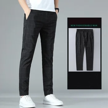 Summer thin grid formal elastic pants for men, slim fit business gray black casual pants, fashionable men's pants