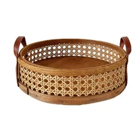 Rattan Woven Storage Basket Room Round Placing Tray for Fruit Bread Breathable Desktop Organizer -Brown 1