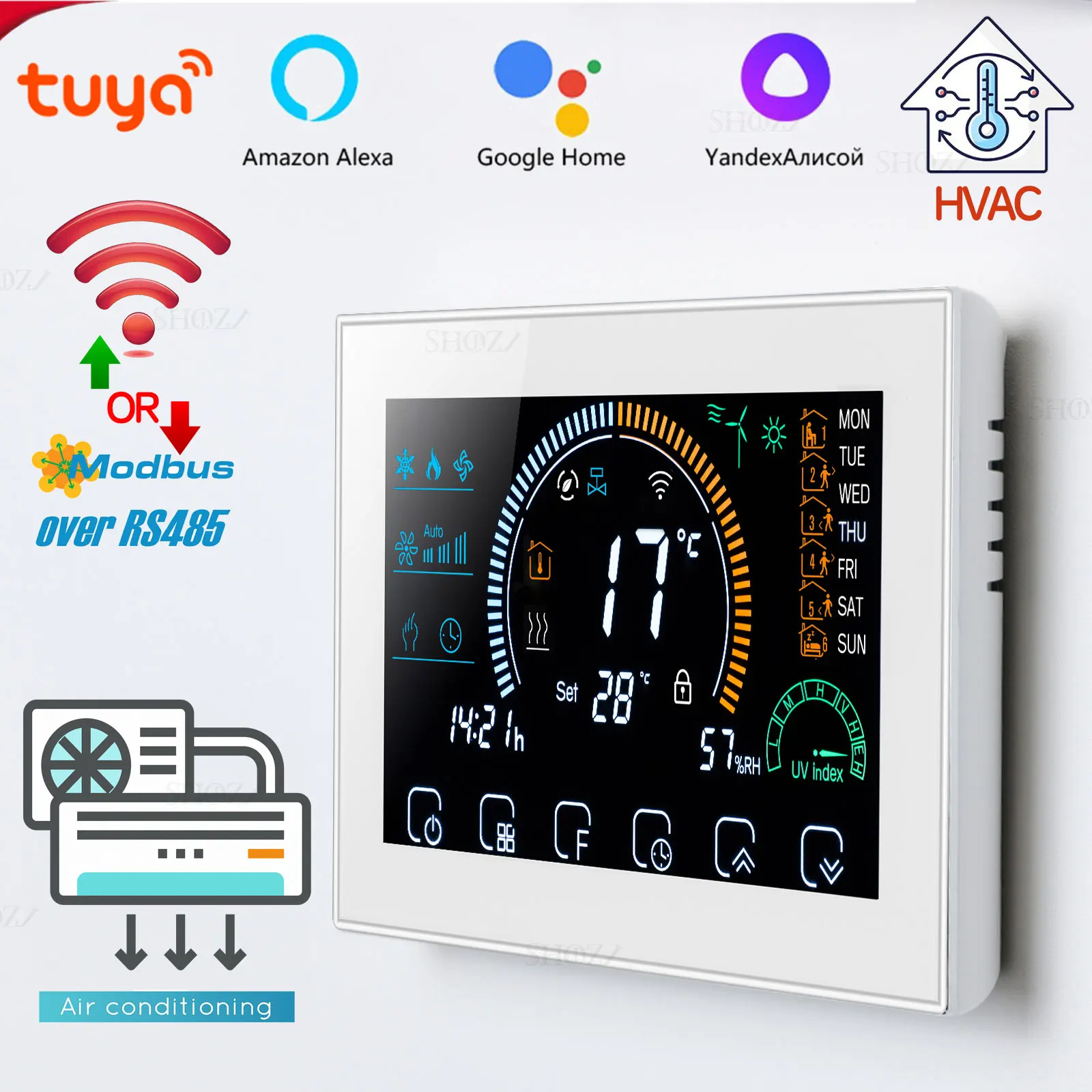 

TUYA WIFI/RS485 Modbus RTU Programmable Thermostat For Control Valve Heat/Cool Air-Conditioning HAVC System With Alexa Google