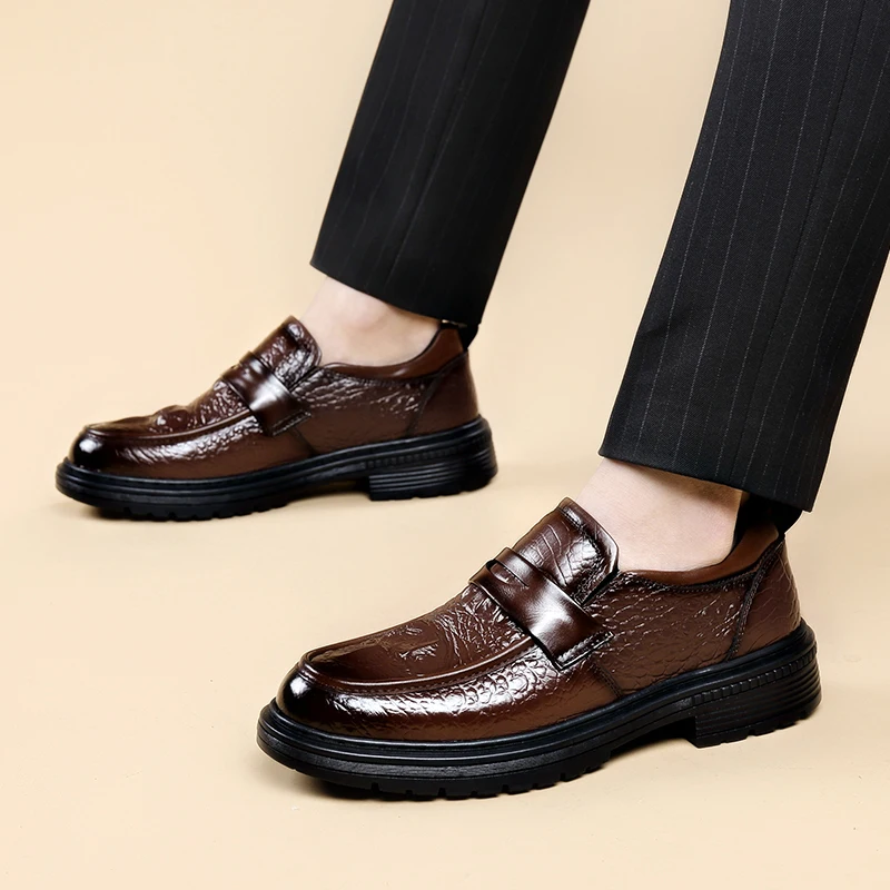 

Brand Loafers Spring New Men Business Casual Shoes Genuine Leather Shoes Fashion Thick Soled Crocodile Texture Leather Men Shoes