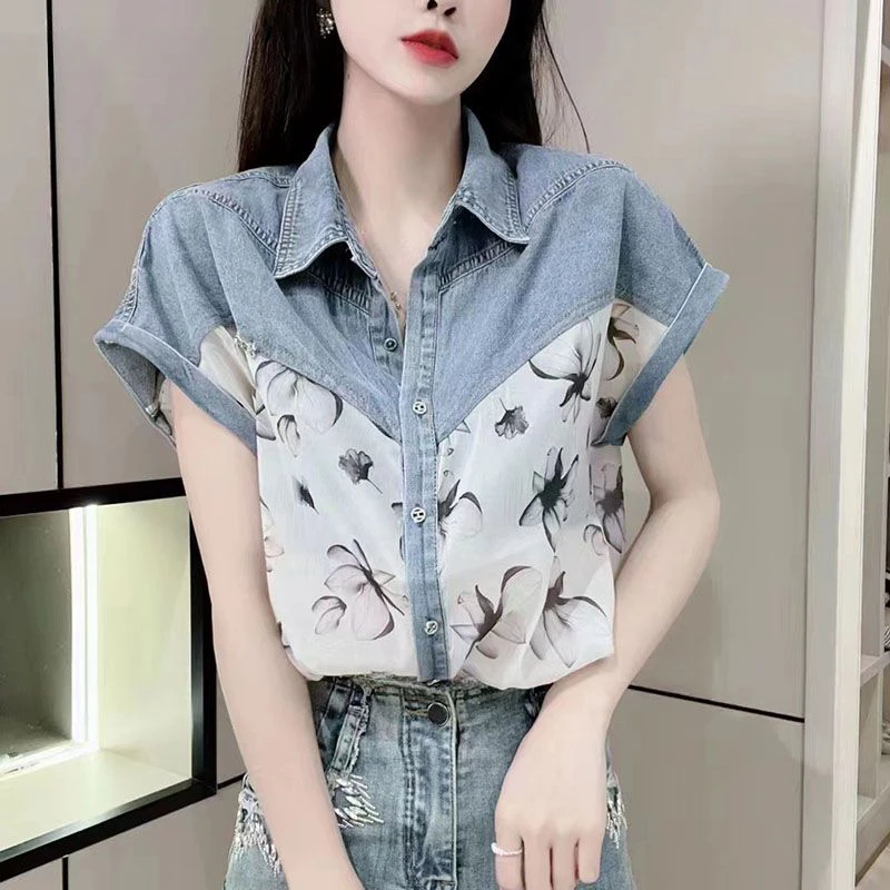 Women's Clothing Summer Trendy Vintage Floral Print Denim Patchwork Chic Shirt Casual Streetwear Short Sleeve Loose Blouse Blusa