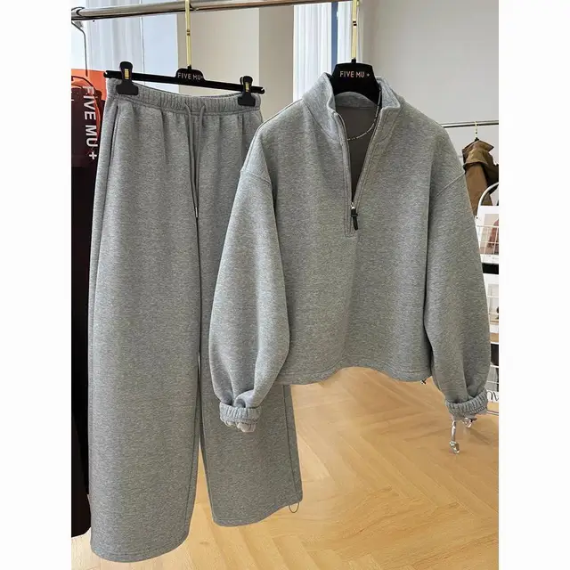 Survêtement pour femmes, mode automne, sweat-shirt chaud en peluche, deux pièces, surdimensionné, solide, pulls décontractés, ensembles pantalons longs 1