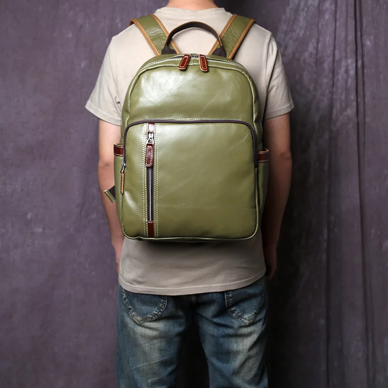 حقيبة ظهر من الجلد الطبيعي للرجال ، حقيبة كمبيوتر محمول بسيطة وعصرية مقاس 15 بوصة على شكل كتاب بطبقات من جلد البقر