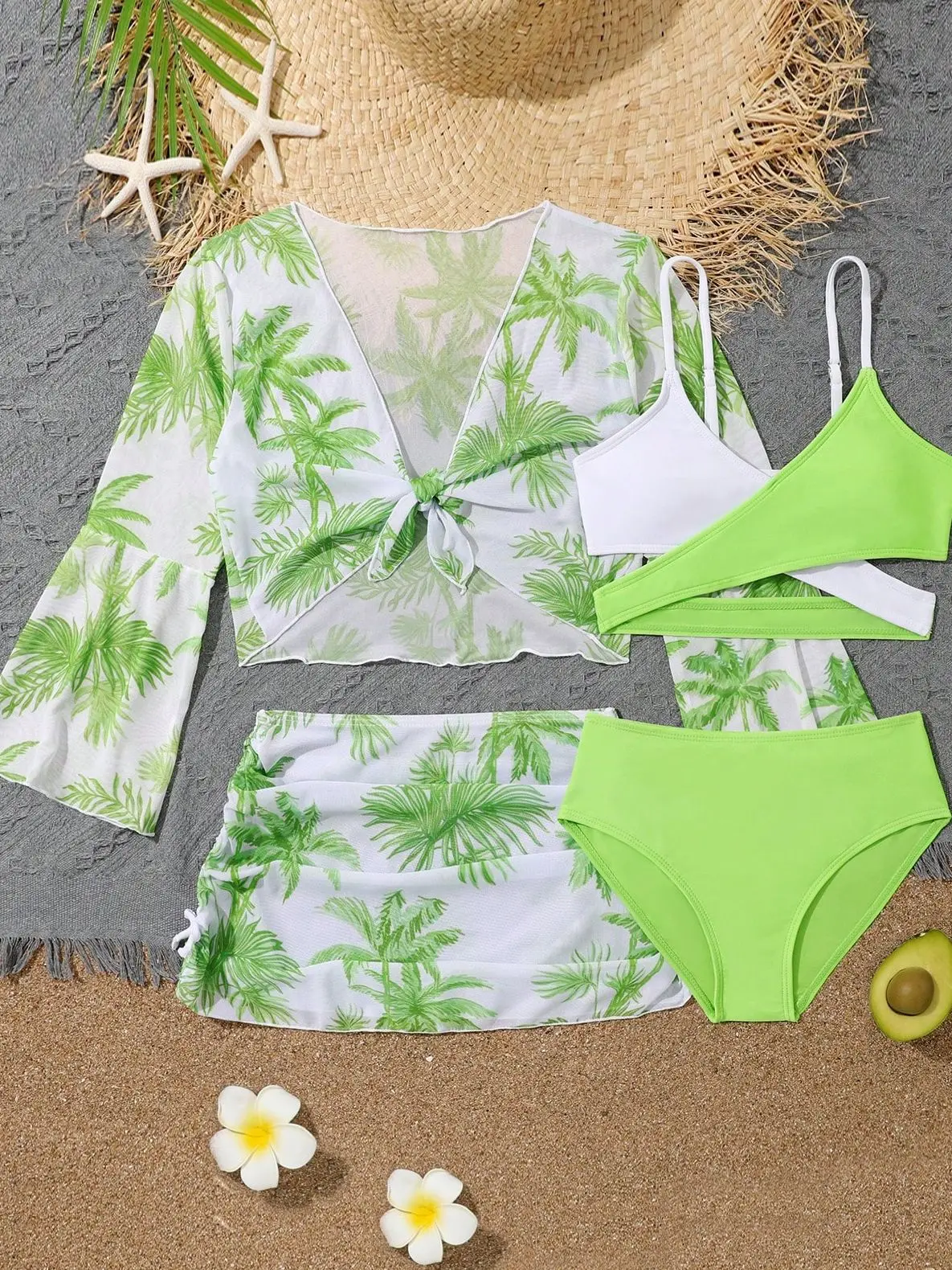 4 Pieces Bikini Top & Skirt 2025 Girls Swimsuit Kids High Waist Swimwear Children Bathers Bathing Swimming Swim Suit Beachwear