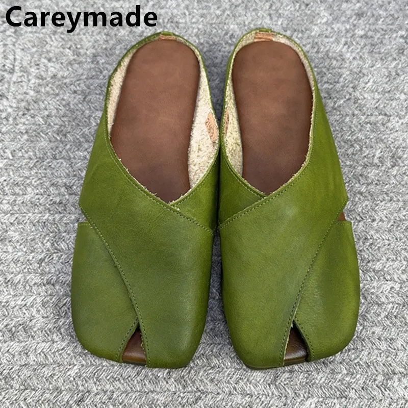 

Careaymade-New Genuine Leather Round Head Layer Cowhide Solid Color Casual Shoes Pure handmade soft Summer Women's Slippers