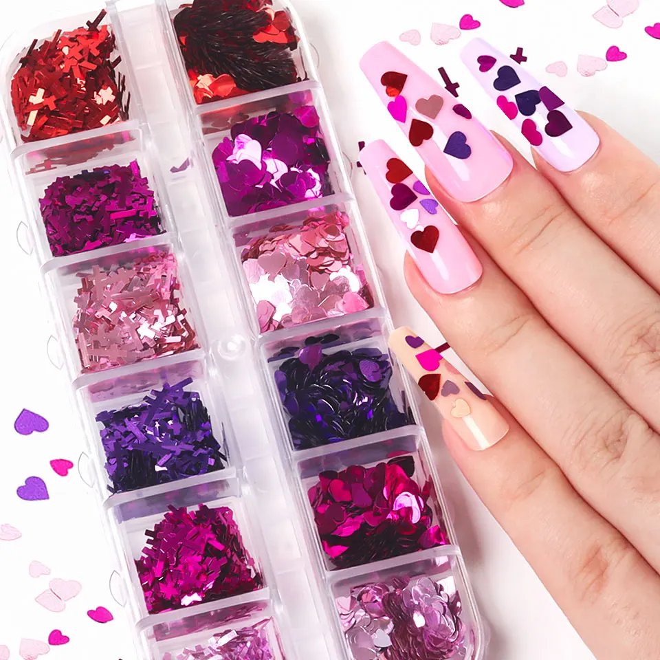 

6 Grids/12 Grids Nail Glitter Fluorescent Butterfly Heart Stars Shape Leaf Flake Shiny DIY Nail Art Decoration Accessories Tool