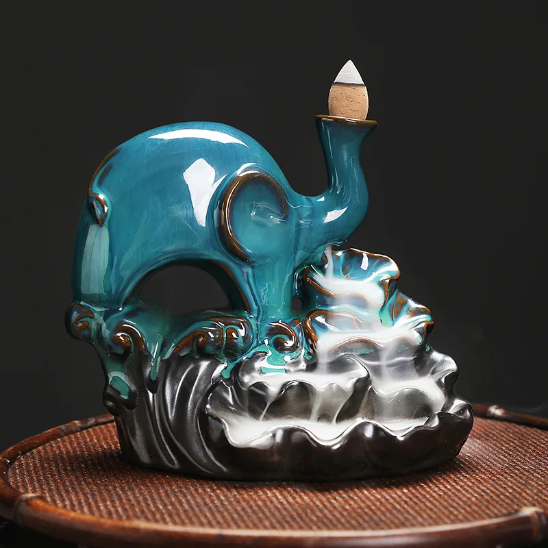 European Elephant Ceramic Backflow Incense Furnace Lotus Leaf Sandalwood Incense Holder Home Aromatherapy Base Crafts Decoration