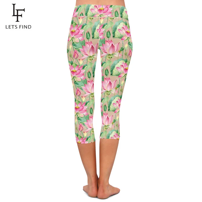 LETSFIND Beautiful Lotus Flowers Design Milk Silk Print Women Capri Leggings High Waist Fitness Soft Slim Leggings