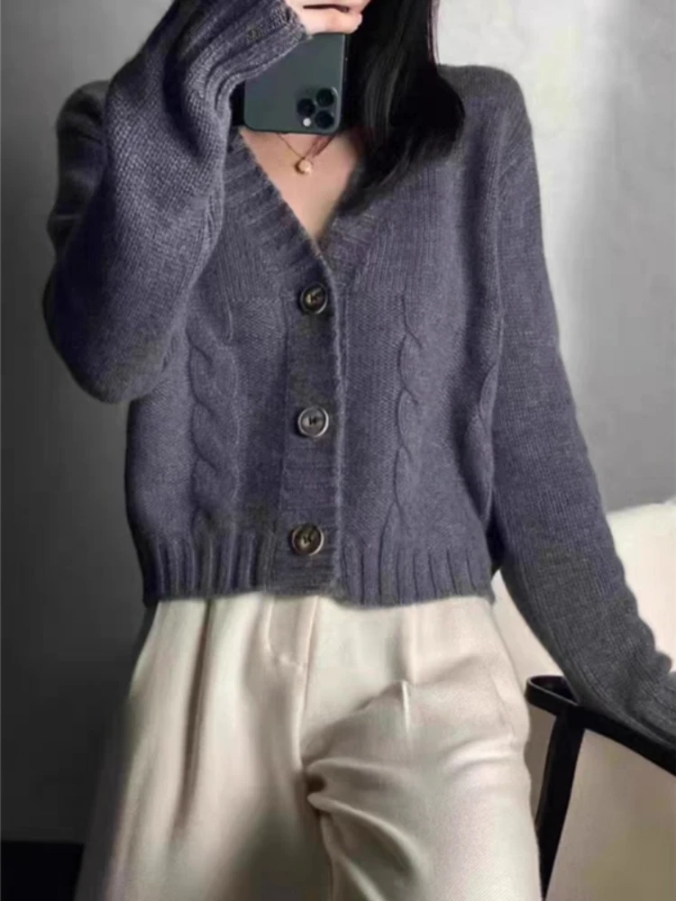Fashion New Autumn and Winter V-neck Women's Sweater Single-breasted Women's Casual Long-sleeved Office Knitted Short Jacket
