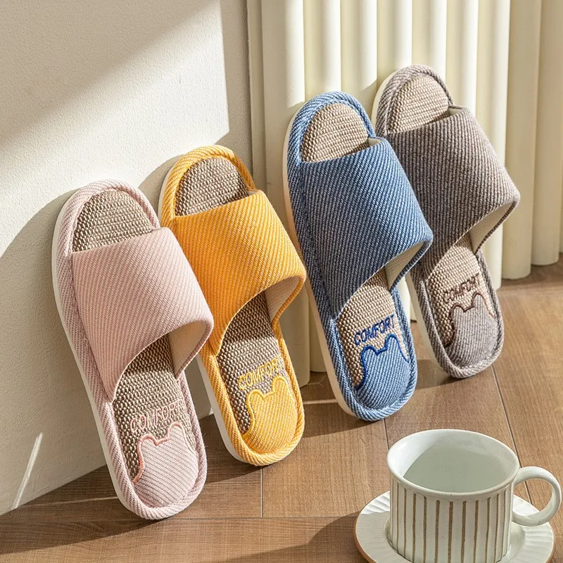 Linen Slippers Indoor Home Breathable Women Men Slides Linen Couples Anti-slip Shoes Beach Sandals Shoes Comfortable Flats TG20 4