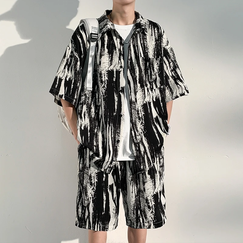 

Повседневные мужские комплекты из ледяного шелка, свободная рубашка с коротким рукавом и передним карманом и шорты до колена, уличная одежда Женская 5x l-m