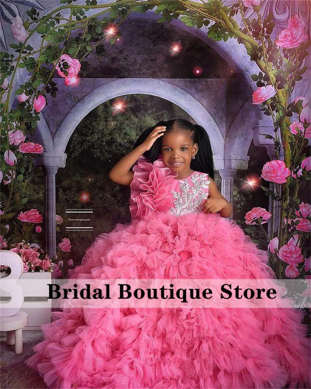 Cute Pink Flower Girls Dress Ruffle Puffy Bead Appliques Ball Gowns African Child Dress For Wedding First Communion PhotoShoot flower girl dresses floral appliqu&eacute; dress girls dresses