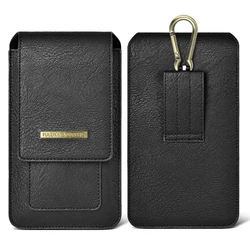 Premium Retro PU Leather Dual Phone Waist Bag with Metal Hanging Loop and Card Holder (Black)