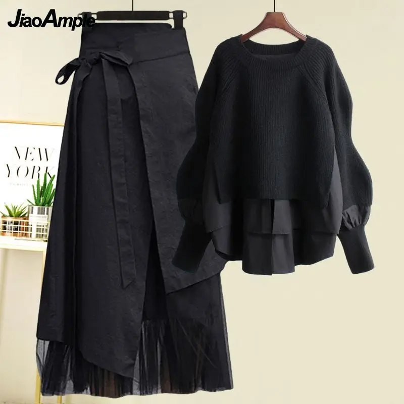 Women's Spring Autumn New Fashion Fake Two Piece Knit Sweater+Strap A-line Skirt Suit Korean Elegant Pullover Dress Matching Set fashion o neck spliced fake two pieces sweaters men s clothing 2023 autumn winter loose casual pullovers knitted korean tops