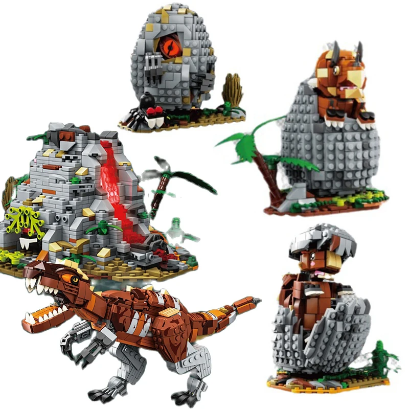 공룡 알 화산 빌딩 블록 T-Rex, 쥬라기 디노 월드 Bule 트리케라톱스 모델 벽돌 장난감, 어린이 선물, 3in 2