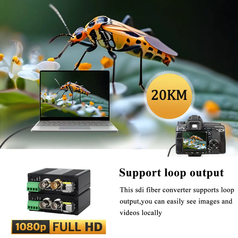 HD/3G SDI Fiber Converter 1080P 30/60Hz Fiber Optical Transceiver with Loop Output Tally RS485 20KM LC Optical Extender