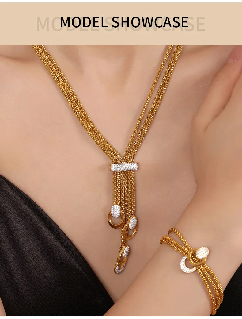 Neue Edelstahl Vergoldete 3-Schicht-Ketten-Halskette für Damen Luxus Kristall-Anhänger Armband Halskette Set Schmuck Geschenk – Detail 4