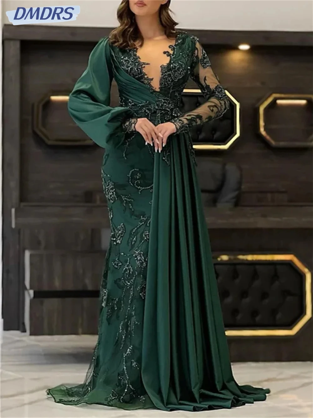 Modest O-neck Long Sleeve Prom Dress Sparkly Sequins Appliques Cocktail Gown Green Straight Long Evening Dresses Robe De Mariée