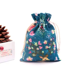 Elegant Linen Burlap Gift Bags with Drawstring - Set of 50, 10x14cm - 10x14cm (Peacock blue deer)