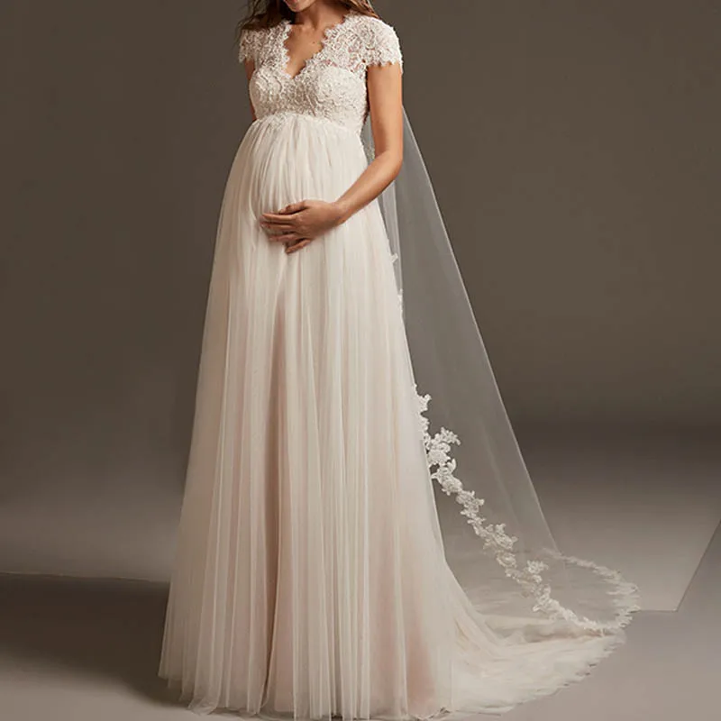 

Vestido De Noiva Bohemian Tulle Lace Pregnant Wedding Dress Cap Sleeve Open Back Maternity Bridal Gown For Robe De Mariee