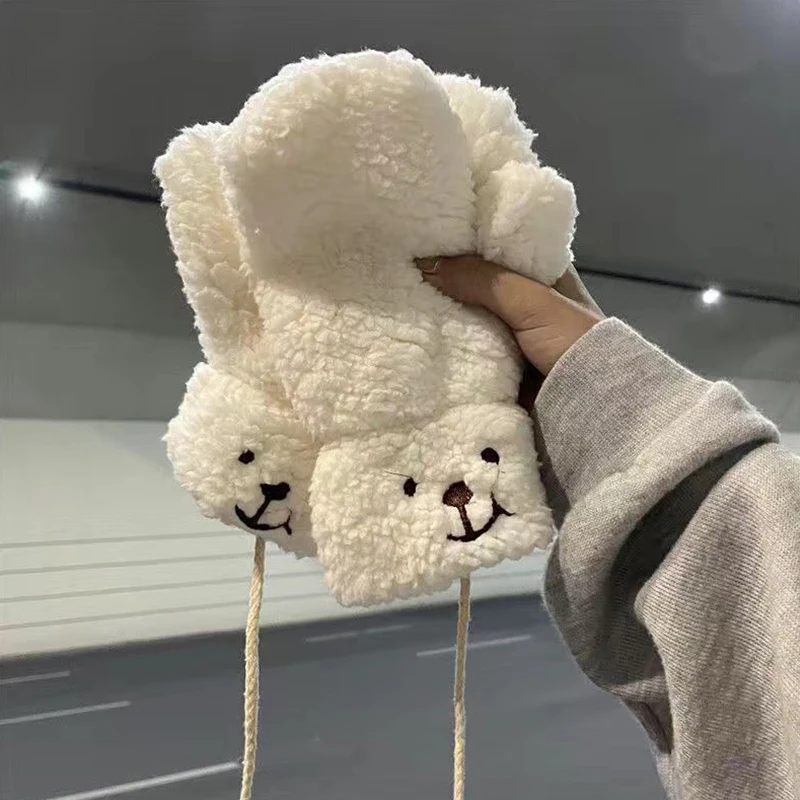 

Зимние теплые перчатки с мультяшным медведем, мягкие плюшевые перчатки для женщин, утепленные митенки без пальцев, уличные теплые перчатки для рук, подарки для девочек