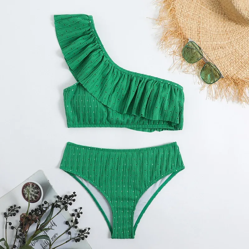 Women's One Shoulder Bathing Suit Ruffle Trim High Waisted 2 Piece Bikini Set