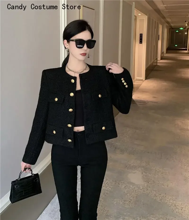 Woolen Short Coats Streetwear Outwear Crop Top Fall Winter French Vintage Small Fragrant Tweed Jacket Coat Women Elegant Casual