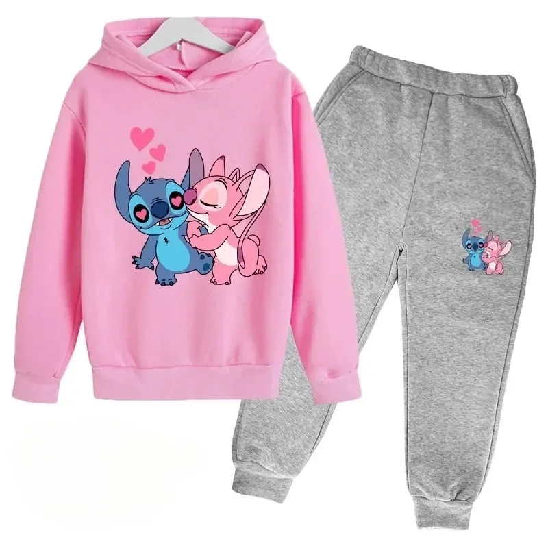 Conjunto de 2 piezas de sudadera y pantalones con estampado de dibujos animados de Disney Stitch para niños de 3 a 14 años, ropa deportiva informal para niños y niñas