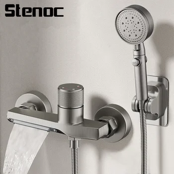 Stenoc ชุดก๊อกอ่างอาบน้ำแบบใช้มือจับหัวฝักบัวทองเหลืองสีดำผสมน้ำร้อนและเย็นแบบด้ามเดียว 1