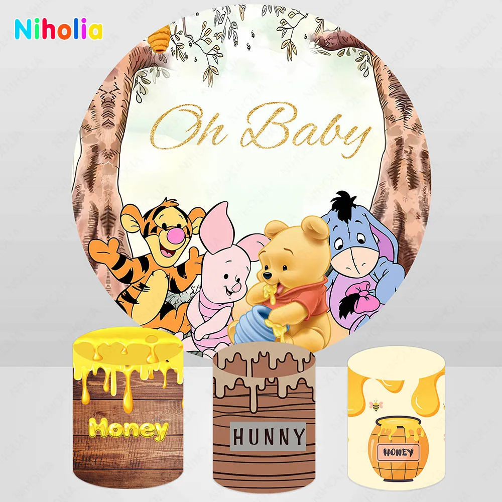 Winnie The Pooh Pano de Fundo Baby Backdrop Capas Elásticas Kids 1st Birthday Party Urso Honey Jar Background Baby Shower Decorações o