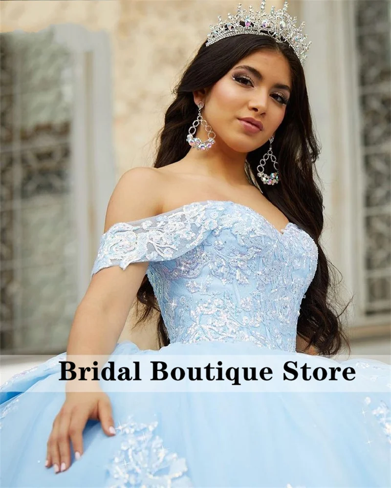 Sky Blue Ball Gown Quinceanera Dresses Bow Off Shoulder Beaded Appliques Sequins Sweet 16 Dress Vestidos De 15 a&ntilde;os