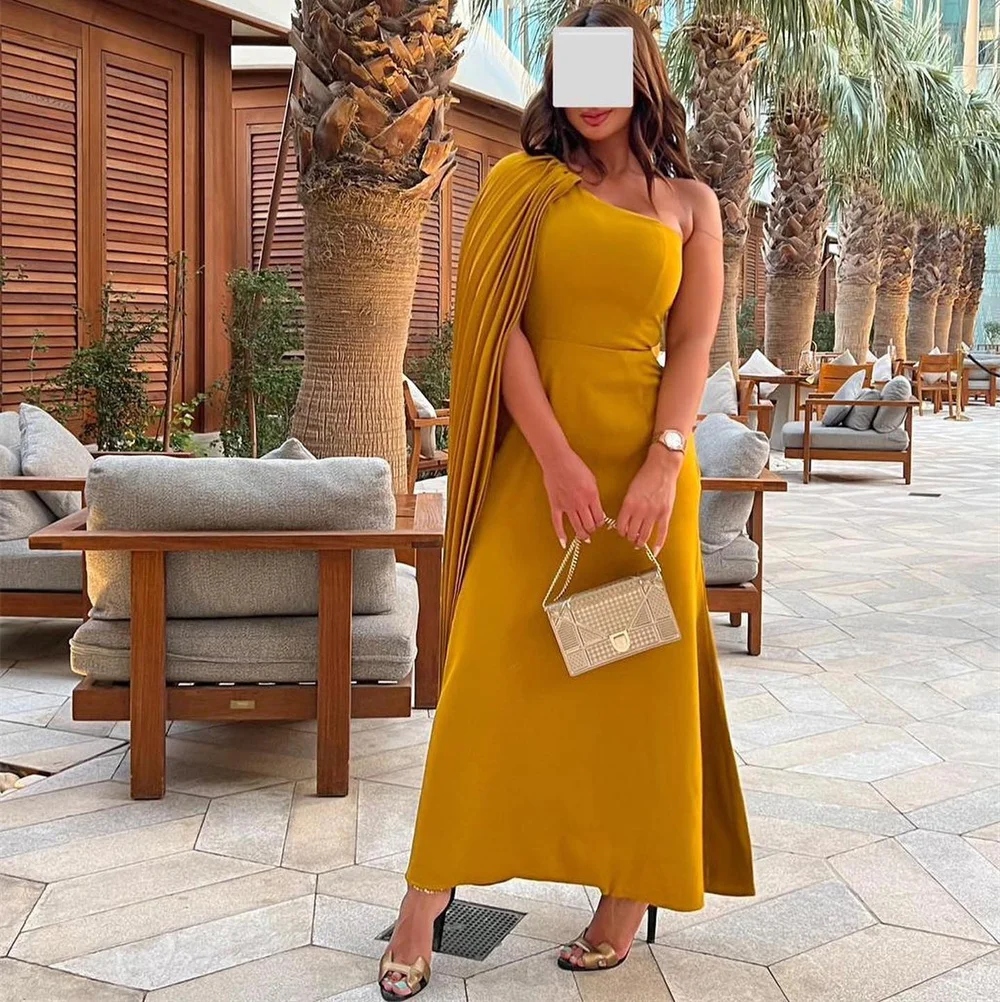 

GORGA One Shoulder Elegant Pleat Half Sleeve Simple Mermaid Evening Dress Ankle Length Sweep Train Prom Gown For Woman New 2023