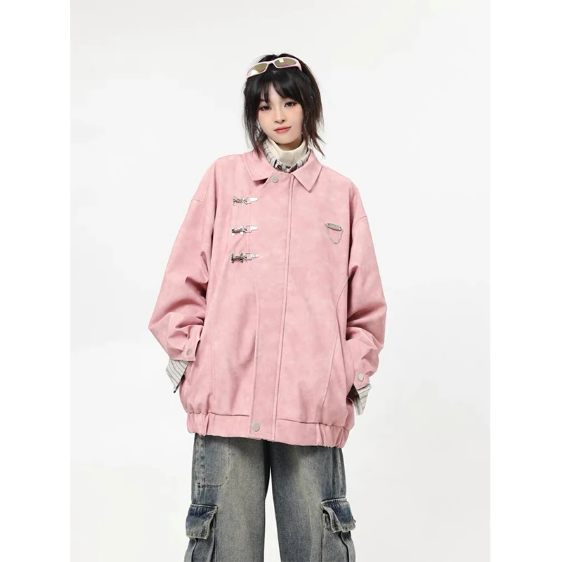 

Preppy Streetwear Outerwear Metal Buckle Suede Lapel Trench Coat For Women Clothing Spring Autumn Suede Y2k Pink Jackets Female