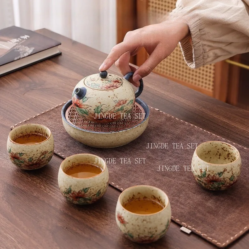 Caramel Glazed Ceramic Teapot Home Kung Fu Tea Set Chinese Style Tea Pot with Heat-resistant Grip Lidded Bowl Drinking Utensils