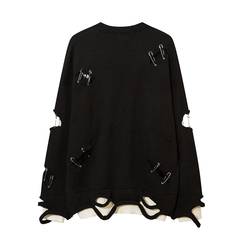 American Retro College Style Bandage Dress Ripped Pin Sweater Men's Niche Fake Two-Piece Knitted Sweaters Coat Pullovers Autumn