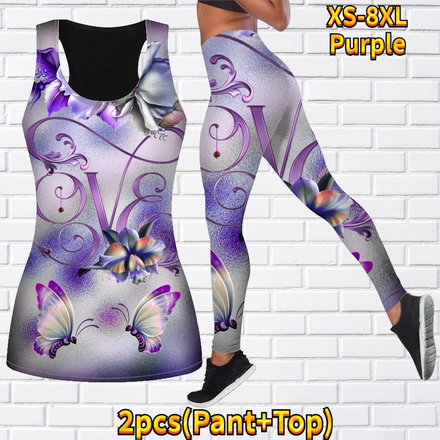 Women\'s 3D Colorful Flower Print Yoga Tank Top Set Fashion Sports Sleeveless Tank Top Pants Set Two Piece Set XS-8XL