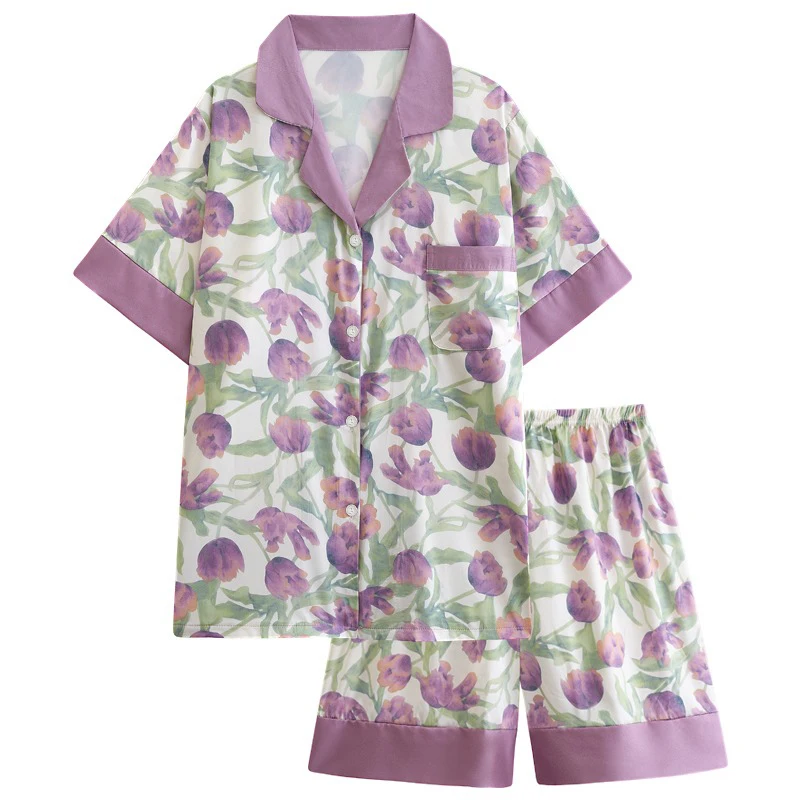 

Satin Two-piece Set Women Home Wear Clothes Sweet Tulip Summer Short-sleeved Silk Pajamas Suits Soft Women Sleepwear Set